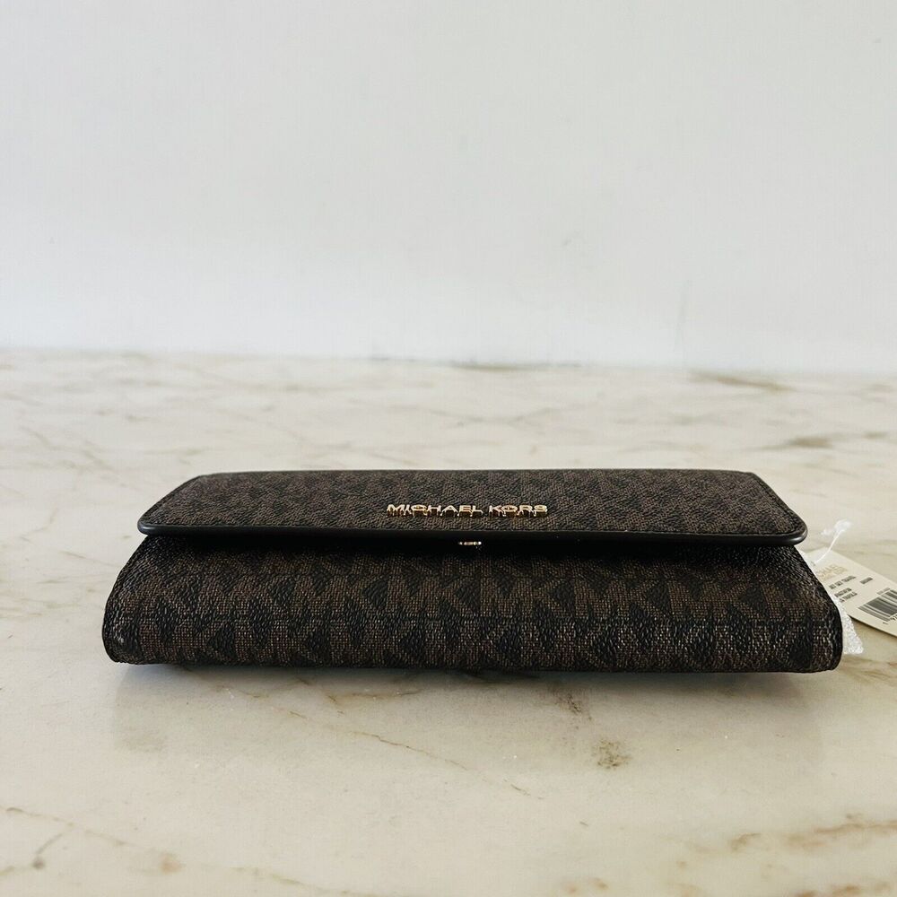 MICHAEL KORS Jet Set Travel Brown Logo Leather Tri-Fold Wallet - Picture 3 of 6